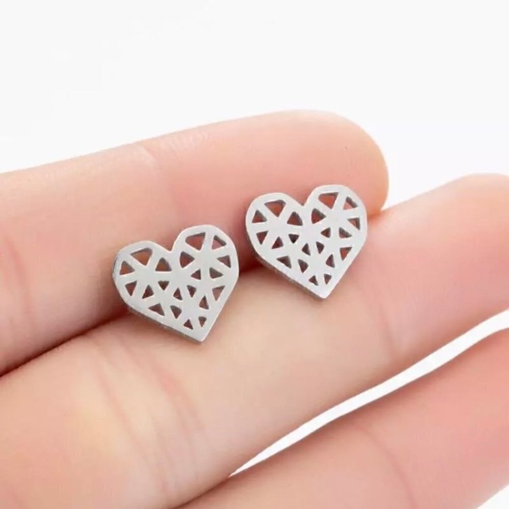 Silver Geometric Heart Earring Pair